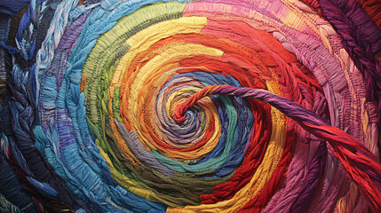 A spiraling arrow made of colorful threads, intricately woven into a tapestry, symbolizing the connections and paths we create in life. 