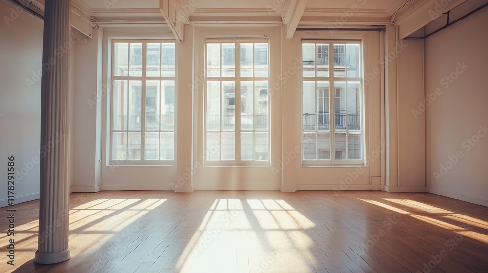 Poster sunlit empty room with large windows and hardwood floor.