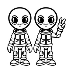 fun twin alien in suit with peace hand cartoon isolated drawing line art style sketch classic vintage design illustration