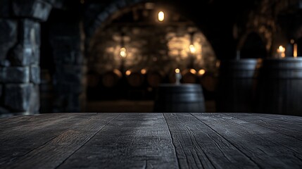Dark wooden table in front of a blurred background of a dimly lit wine cellar with stone walls and oak barrels.