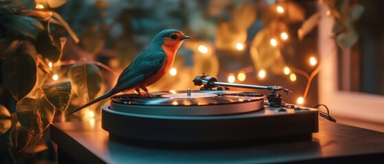 Vinyl record on turntable illuminated by warm party lights, inviting atmosphere for enjoyable evening. Music mood concept