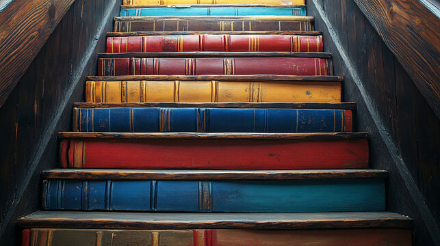 A staircase made of books, each step labeled with a different language, symbolizing the gradual progress of language learning. 