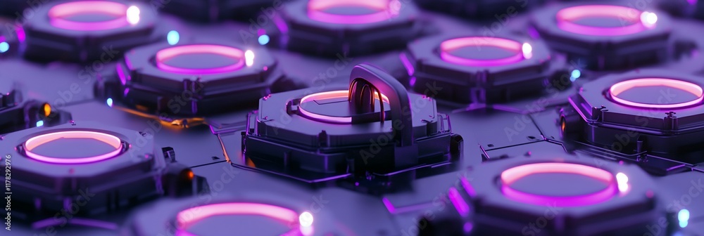 Poster Abstract 3D render of futuristic hexagonal structures with glowing pink rings and a central handle.