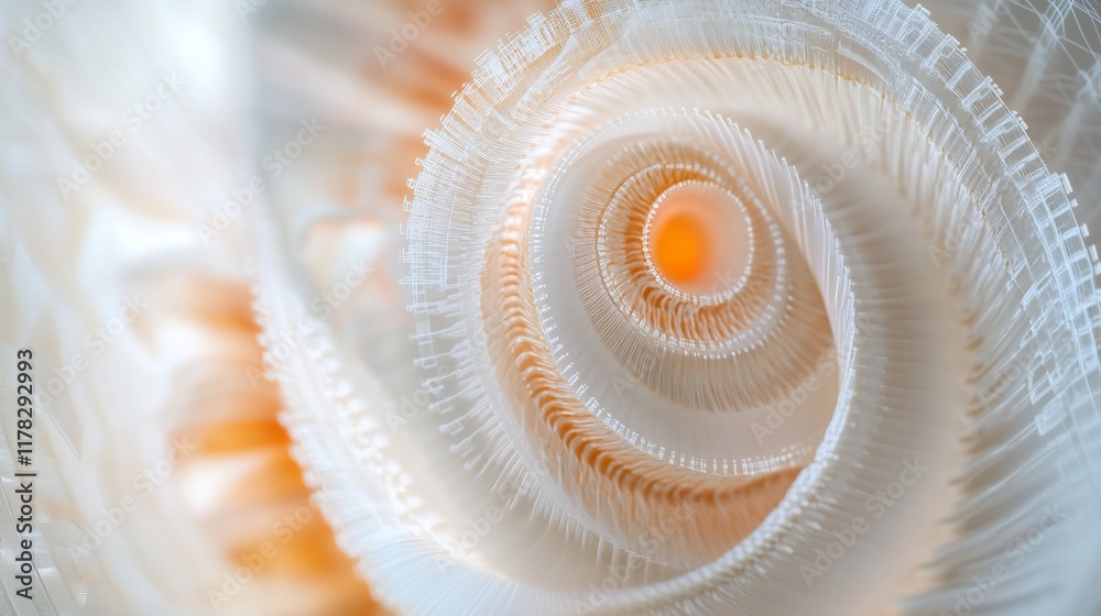 Aufkleber Close-up of a spiral seashell with intricate, delicate, textured layers in soft peach and white hues.