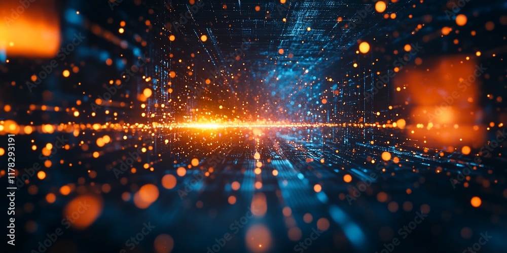 Poster abstract digital tunnel with glowing particles.
