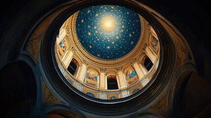 Obraz premium A captivating view of a starry dome ceiling, illuminated with celestial designs and rich architectural details.