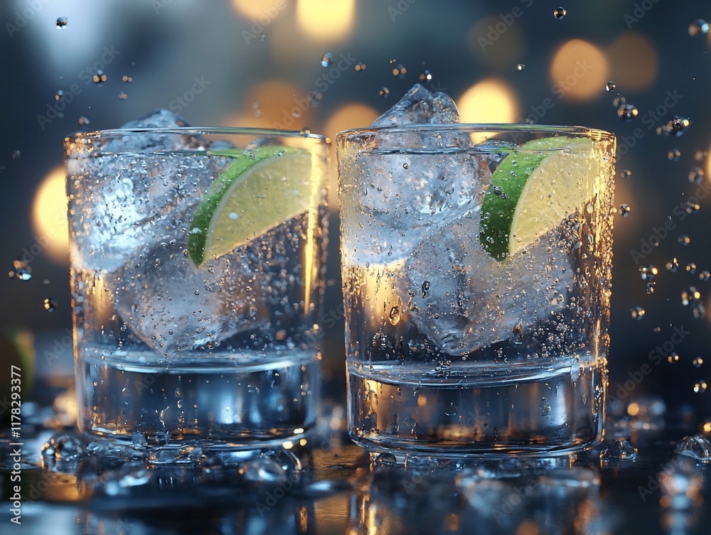 Aufkleber two glasses of sparkling water with lime wedges and ice, splashing water droplets, bokeh background.