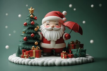 3D render of cute Santa Claus holding an umbrella next to Christmas tree and presents, minimalist style, green background, cartoon character design.