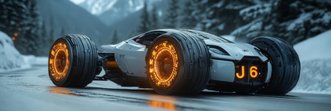 Futuristic Race Car J6 on Snowy Mountain Road