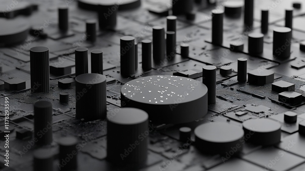 Poster Abstract 3D rendering of a dark gray circuit board with various cylindrical shapes.