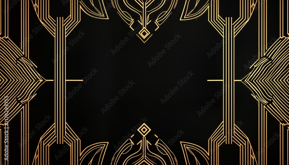 Poster abstract art deco pattern in gold, black. geometric shapes, arches create luxurious, vintage design.