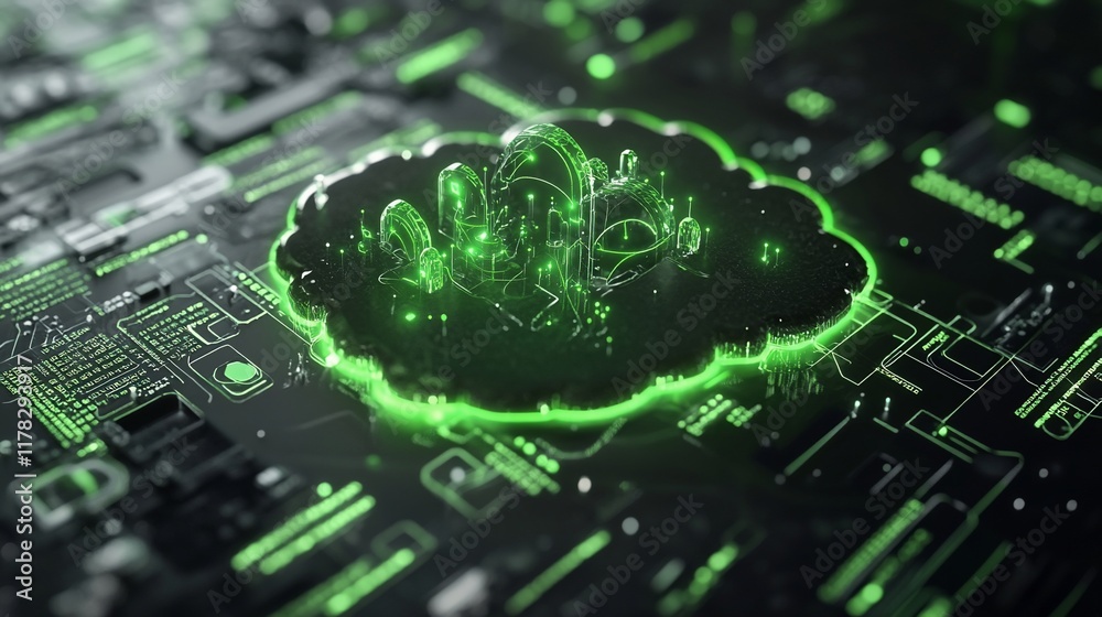 Poster glowing green city inside a cloud computing network.