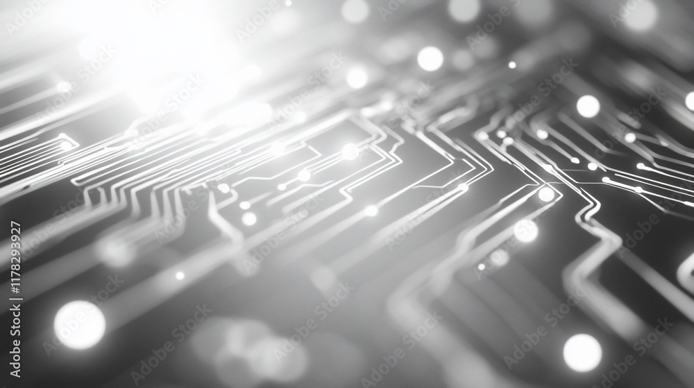 Poster Abstract grayscale image of a circuit board with glowing nodes, suggesting technology and connectivity.