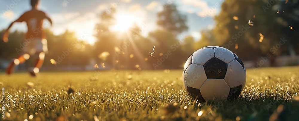 Poster soccer ball on grassy field with blurred player in the background at sunset.