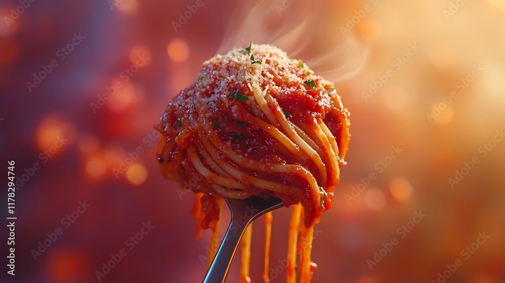 Poster steaming spaghetti with tomato sauce and parmesan cheese on a fork.