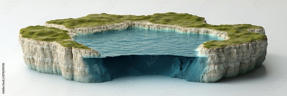 Poster 3D render of an island with a hidden cove, showing both the above-water and underwater sections.