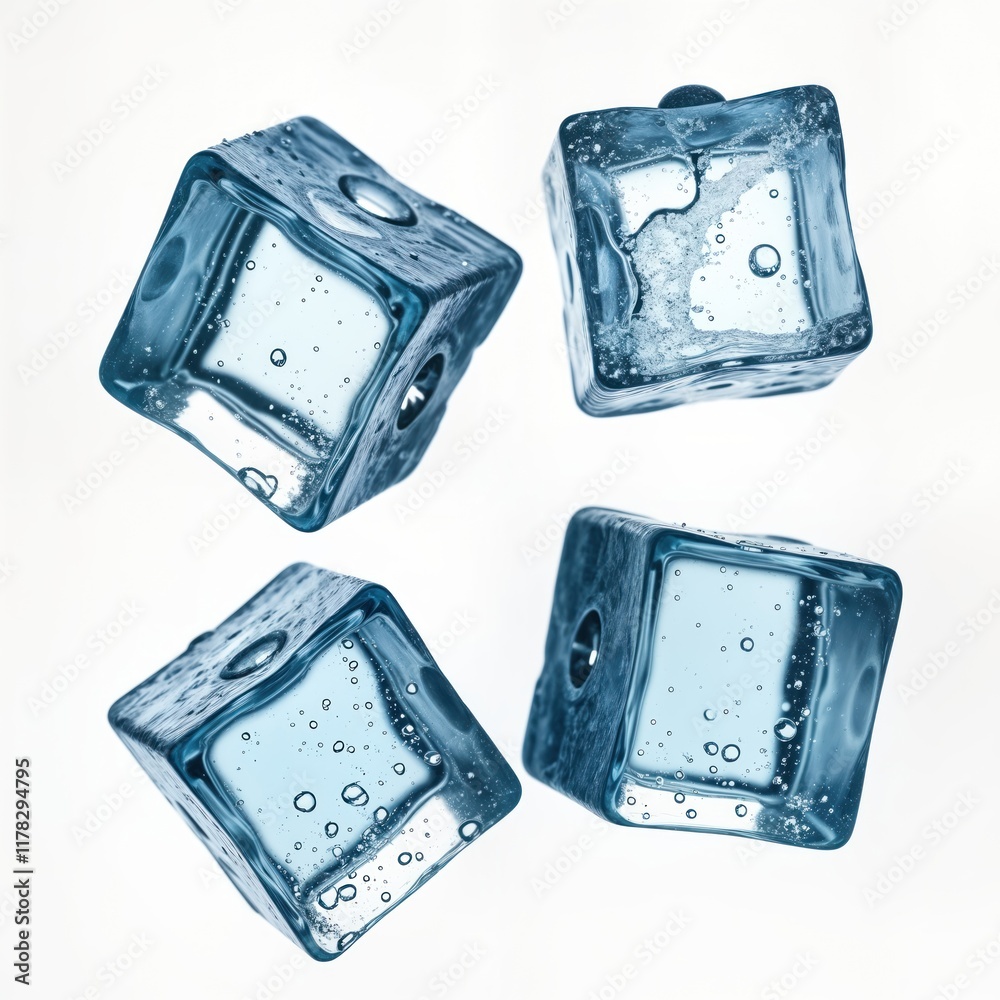 Poster four ice cubes float in the air. they are translucent and light blue. air bubbles are visible inside