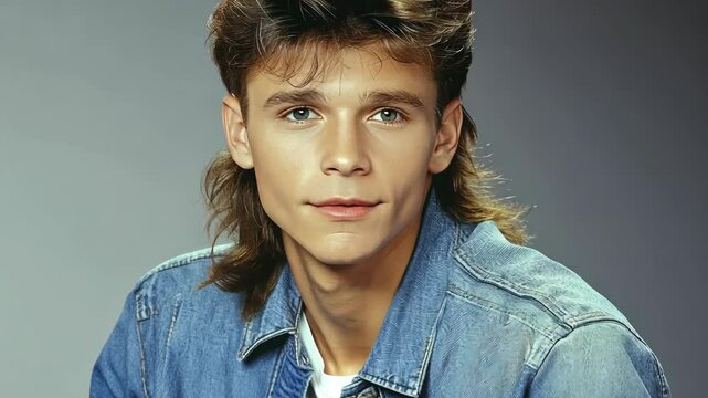 Young man with stylish mullet hairstyle wearing denim jacket, posing against a neutral background in a professional portrait