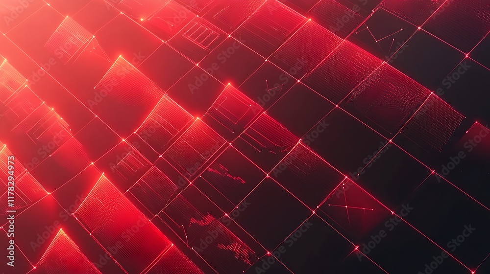 Poster abstract red digital data grid, glowing cubes with charts and graphs.