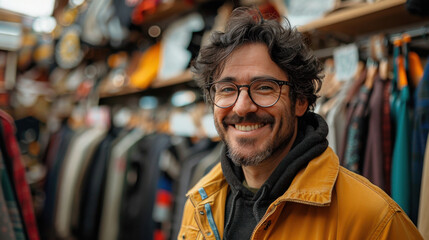 Obraz premium A person wearing a yellow jacket and a black hoodie standing in a store with various clothing items hanging in the background