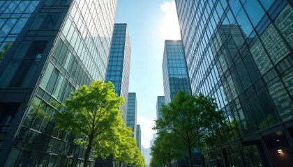 Obraz premium Modern corporate buildings with green trees between. Eco-friendly business concept. Sustainable architecture. Urban setting. Corporate eco-friendly strategy. Reflection of green trees on glass.