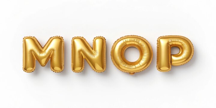 Golden balloon letters mnop on white background festive alphabet design