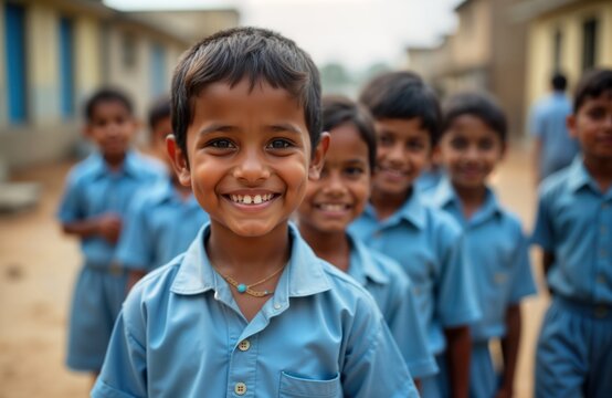 Indian school children stand in group smiling. Wear school uniforms. Look happy, friendly. Photo shows group of children outside school building in Indian village. Represents rural education,