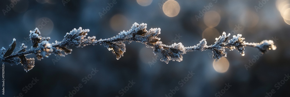 Aufkleber frost-covered branch with bokeh background.