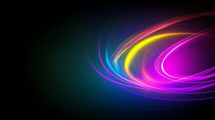 Abstract swirling neon light trails on dark background.