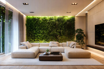 Modern Living Room Interior: Large Blank Canvas Wall, Greenery, and Minimalist Elegant Design