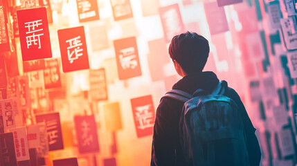A student navigating a maze of words, with signs in multiple languages, symbolizing the challenges and rewards of learning a new language. 