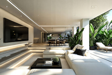 Modern Living Room Interior: Large Blank Canvas Wall, Greenery, and Minimalist Elegant Design