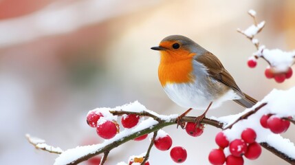 Fototapeta premium A bird is perched on a branch with red berries