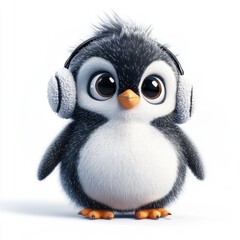 Fototapeta premium Cute cartoon penguin character with headphones enjoying music