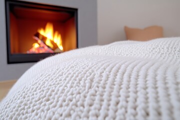 A warm fire burning in a stone fireplace, with a comfortable sofa and soft pillows arranged around it, bathed in natural light, creating a cozy and magical atmosphere.