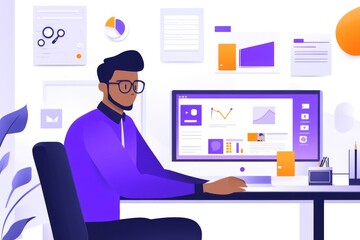 Focused Businessman Analyzing Data on Computer Screen