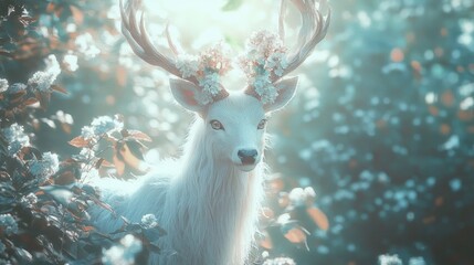 White deer with flowers on antlers in a forest, ideal for spring themed use