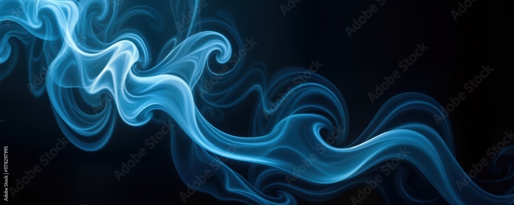 Poster Abstract blue smoke swirls against dark background. Fluid curves, shapes create dynamic pattern. Isolated image suggests motion, light. Elegant design for various uses. Soft, colorful effect.