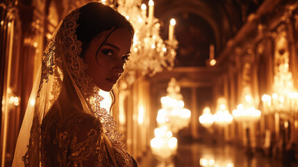 women in golden brocade dress and lace veil going to the Venetian carnival ball