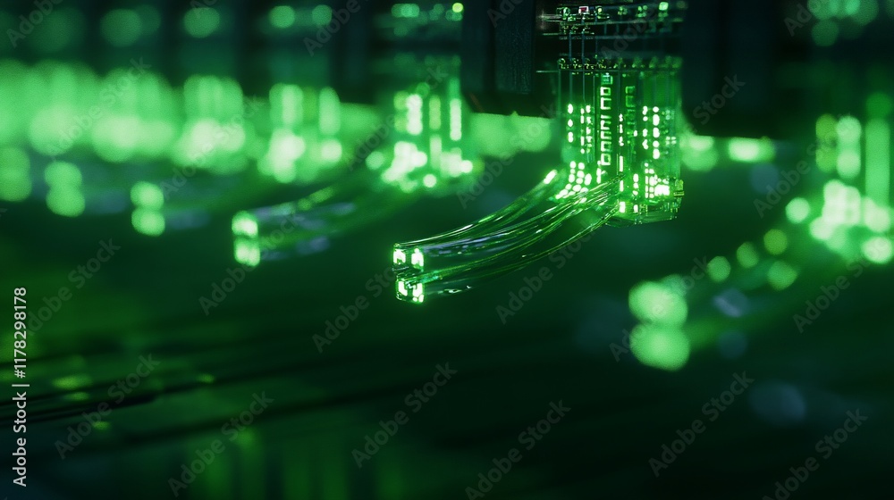Poster Close-up of glowing green transparent objects on a dark surface, appearing futuristic and technological.