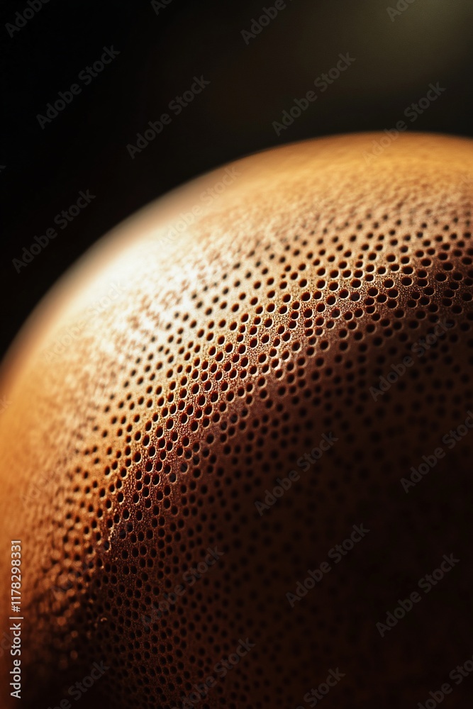 Poster close-up of a textured, spherical surface with numerous small holes, illuminated by soft light.