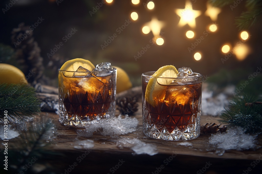 Poster two iced cocktails garnished with lemon slices, nestled in ice on a rustic wooden surface with pine 