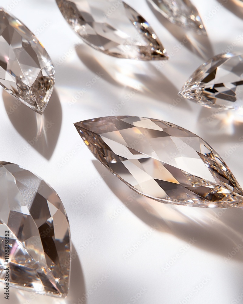 Poster close-up of sparkling, translucent, faceted teardrop crystals scattered on a white surface, casting 