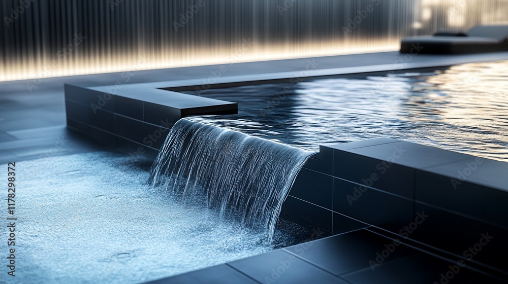 Aufkleber modern minimalist spa pool with cascading waterfall feature, sleek dark tiles, and ambient lighting.