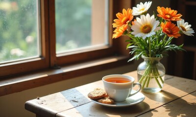 Tea cup with cookies and vase of flowers near window