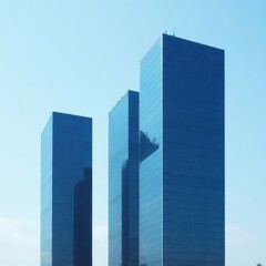 Three blue glass buildings against clear sky
