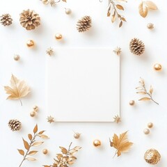 Gold autumn leaves, pine cones, and beads frame a blank card on white.