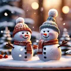 an AI Image Generator, Smiling Snowmen in a Winter Wonderland at Sunset