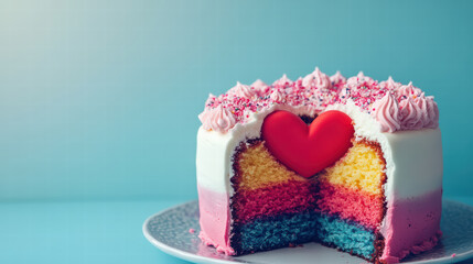 colorful cake with surprise heart inside, featuring layers of vibrant colors and topped with pink frosting and sprinkles, perfect for celebrations and special occasions