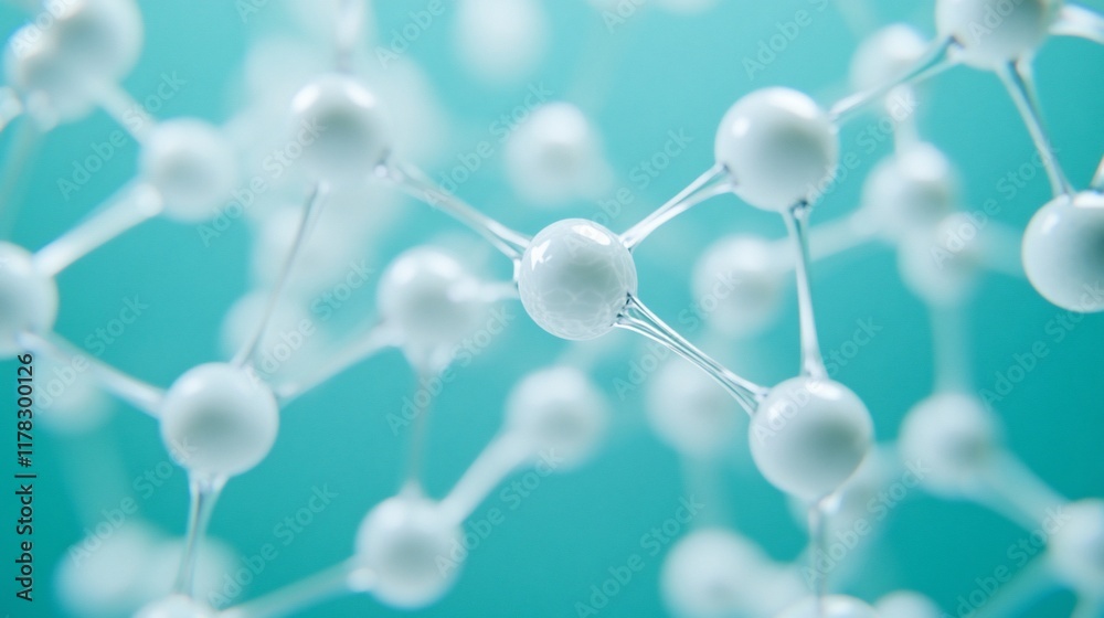 Leinwandbilder Abstract 3D rendering of a molecular structure with white spheres connected by transparent lines against a teal background.